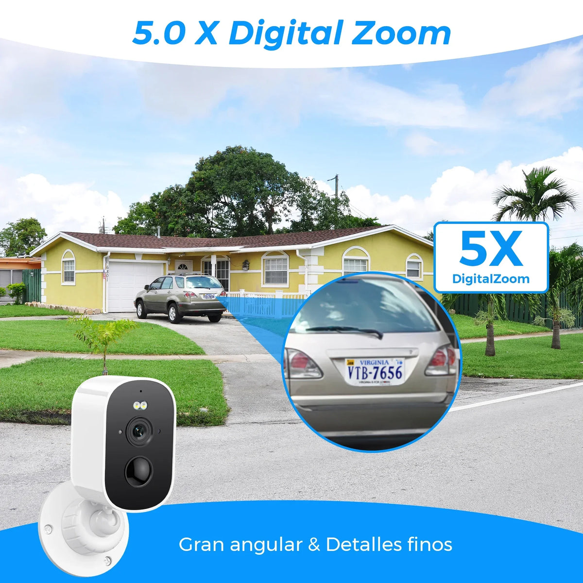 Front yard lifestyle view of solar WiFi cameras on a two-story house