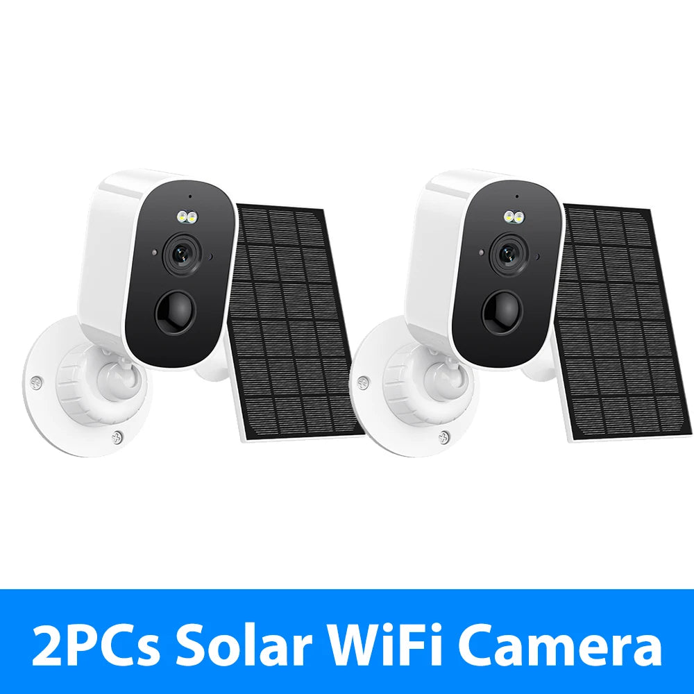 Packaging shot of two solar WiFi cameras with mounting accessories