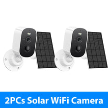 Packaging shot of two solar WiFi cameras with mounting accessories
