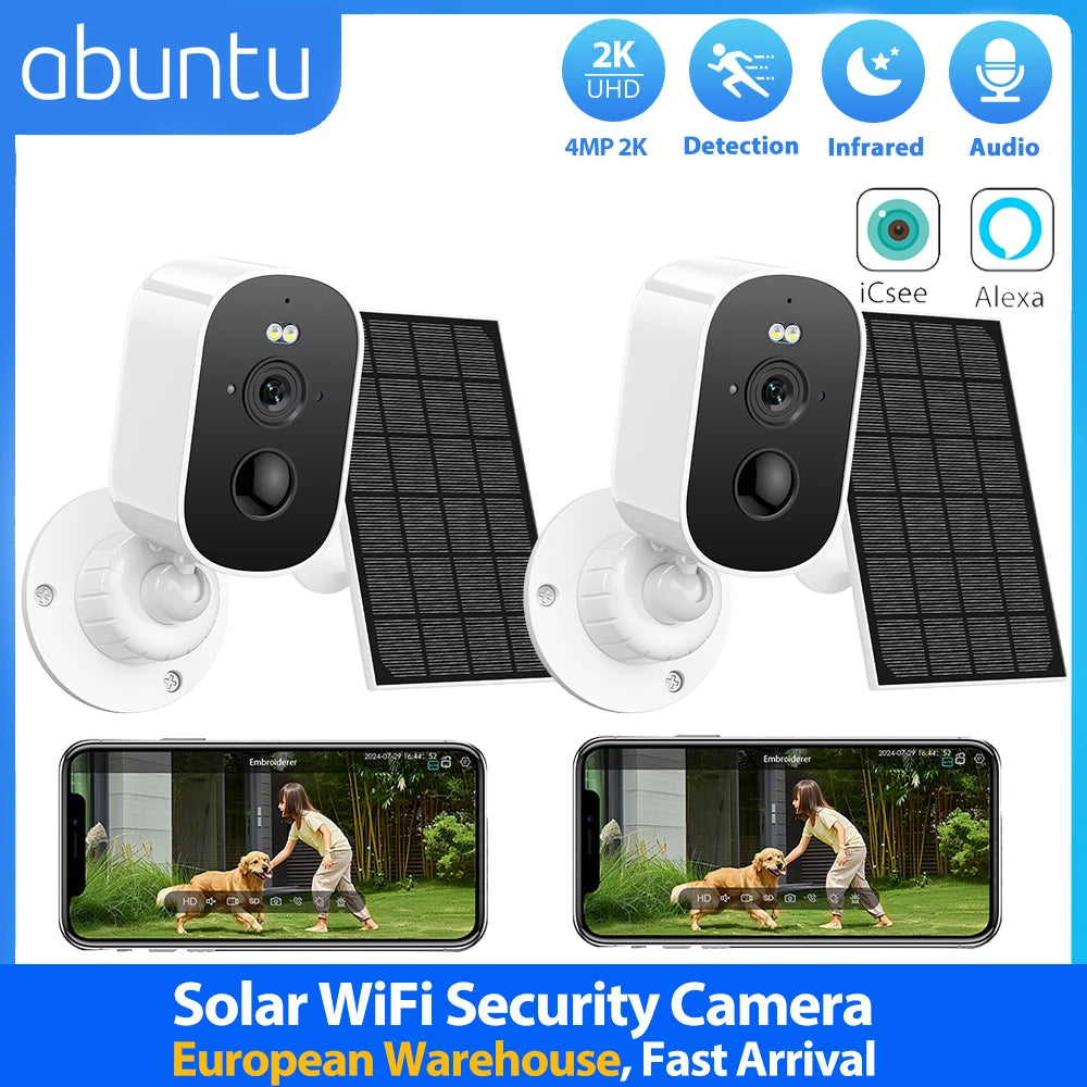 Solar WiFi security cameras lifestyle shot with black and white units