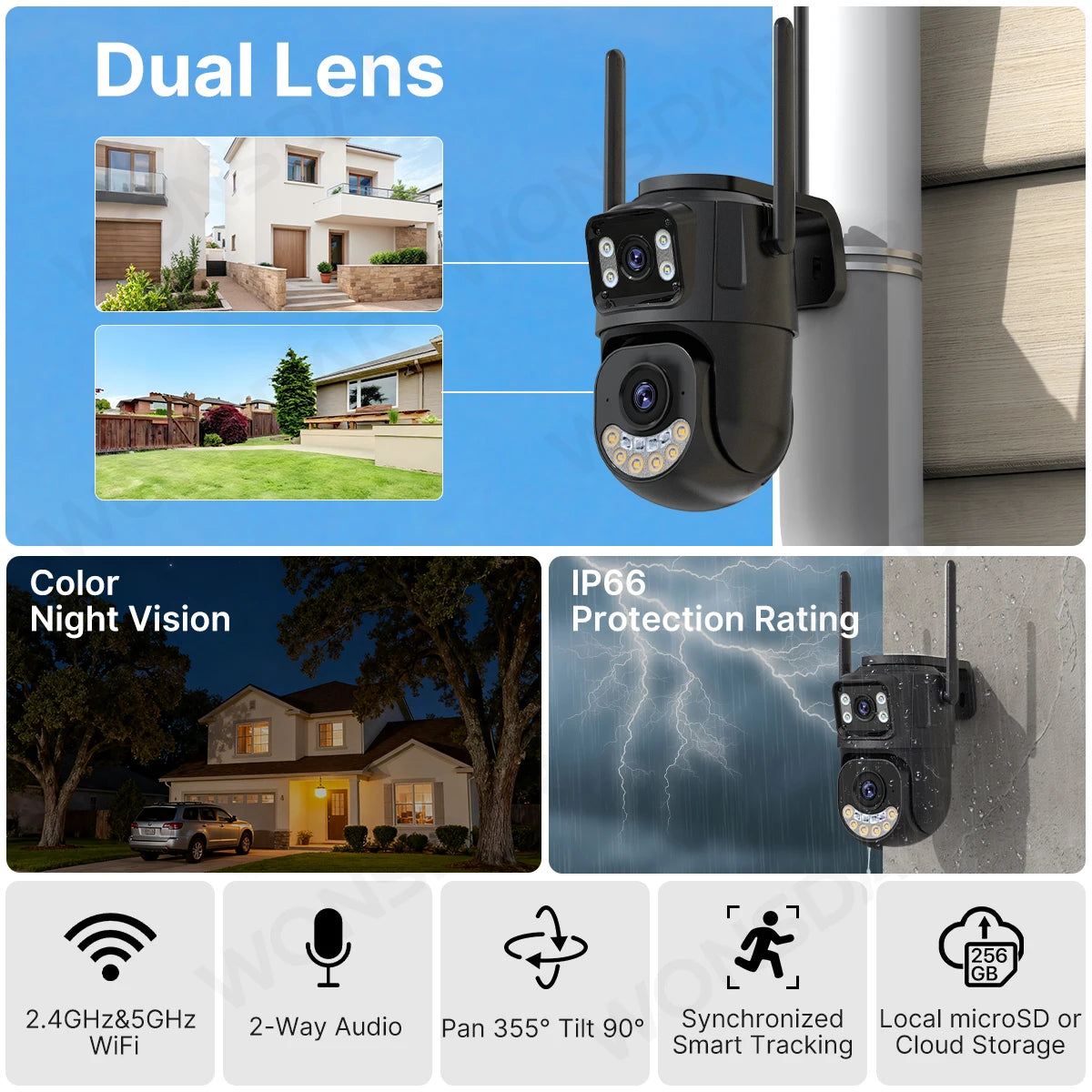 Wonsdar security camera detail close-up in black and blue with dual lenses