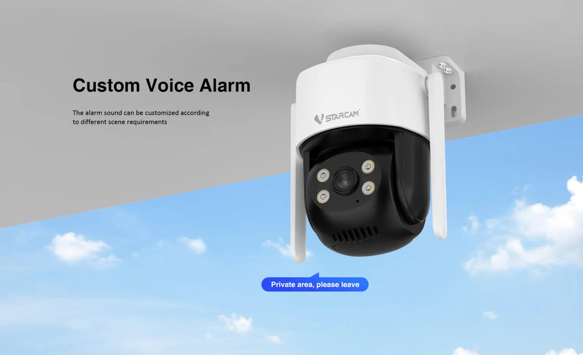 Vstarcam C622 security PTZ camera lifestyle shot with night vision, white/black/blue