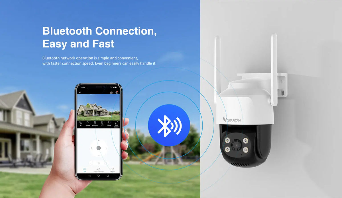 Vstarcam C622 smart security camera lifestyle shot with mobile app, night vision