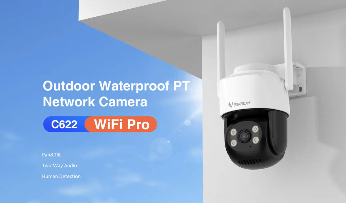Vstarcam C622 outdoor wireless PTZ camera lifestyle shot, white/black/blue