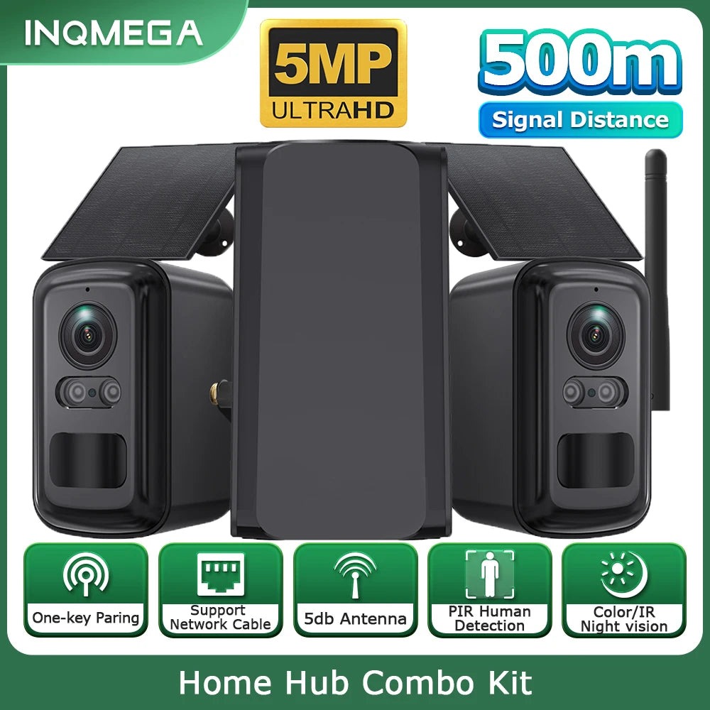 INQMEGA outdoor camera kit packaging, black/green/yellow, 5MP and 500m range shown