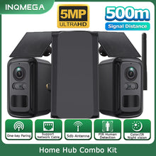 INQMEGA outdoor camera kit packaging, black/green/yellow, 5MP and 500m range shown