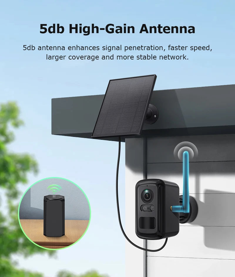 INQMEGA high-gain antenna lifestyle shot, black/blue with solar power