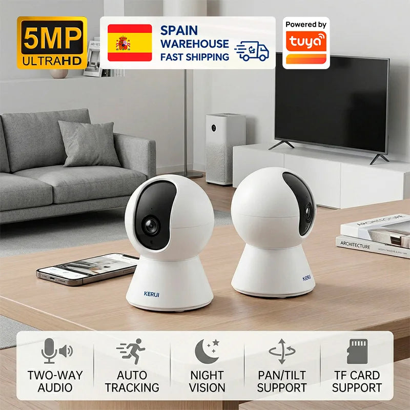 Kerui indoor PTZ WiFi camera lifestyle shot, white and black units