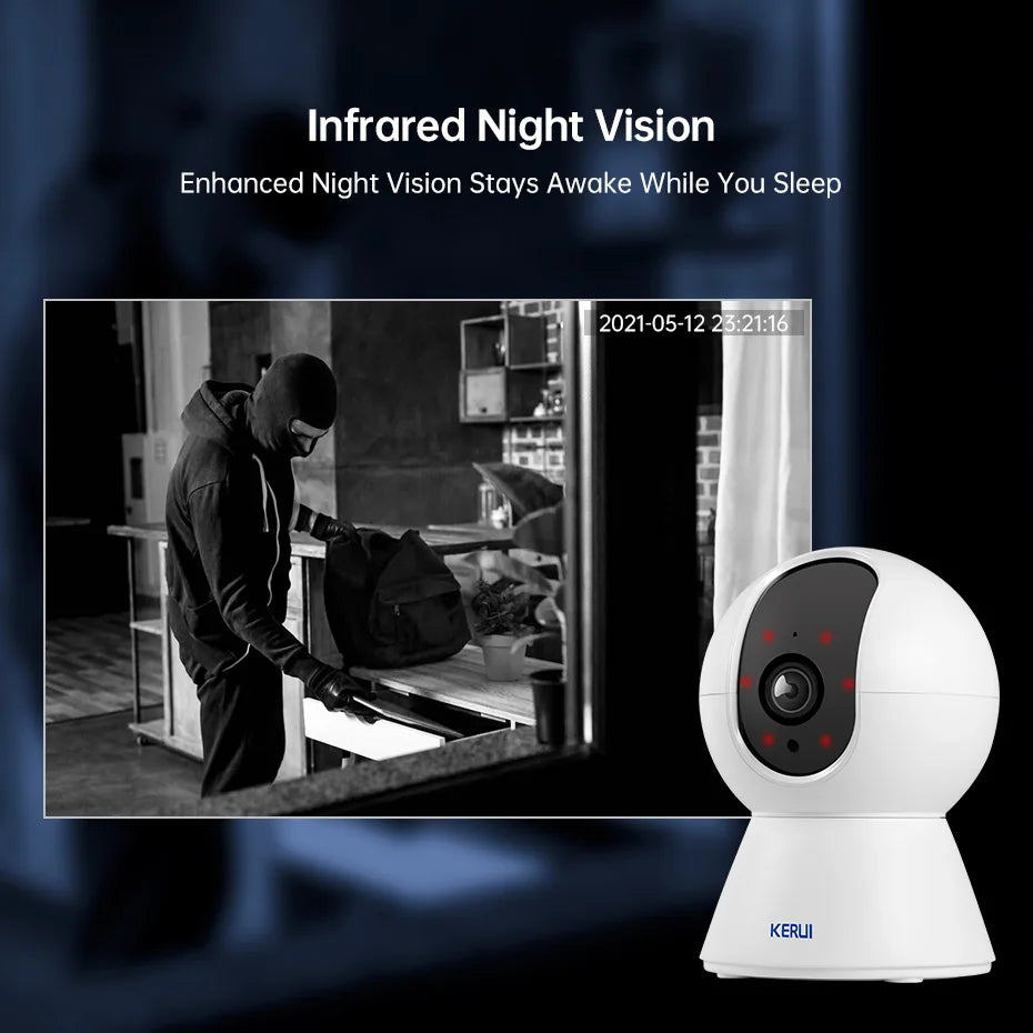 Kerui security camera detail with infrared night vision, white and black