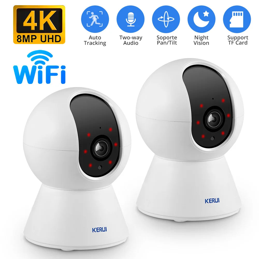 Kerui security camera set packaging, WiFi enabled, white and blue