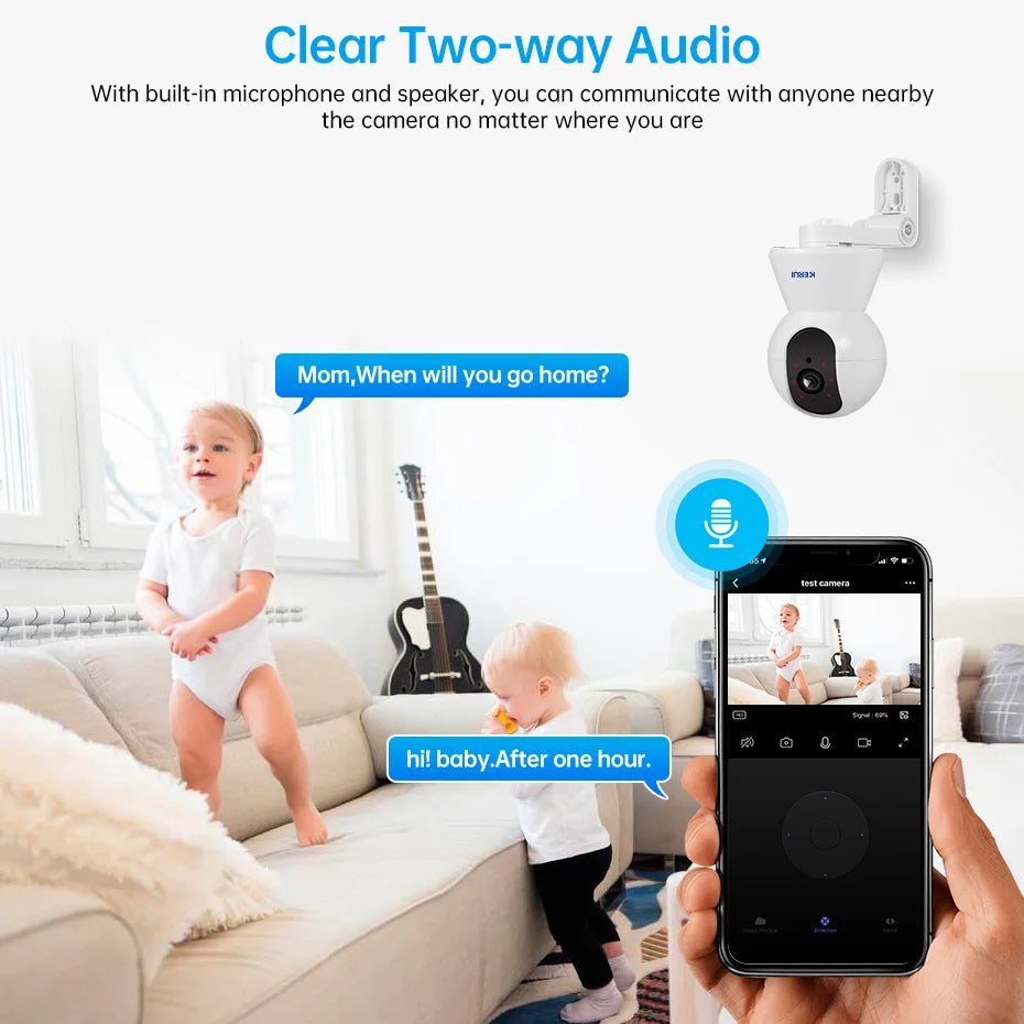 Kerui two-way audio camera lifestyle shot, white and black
