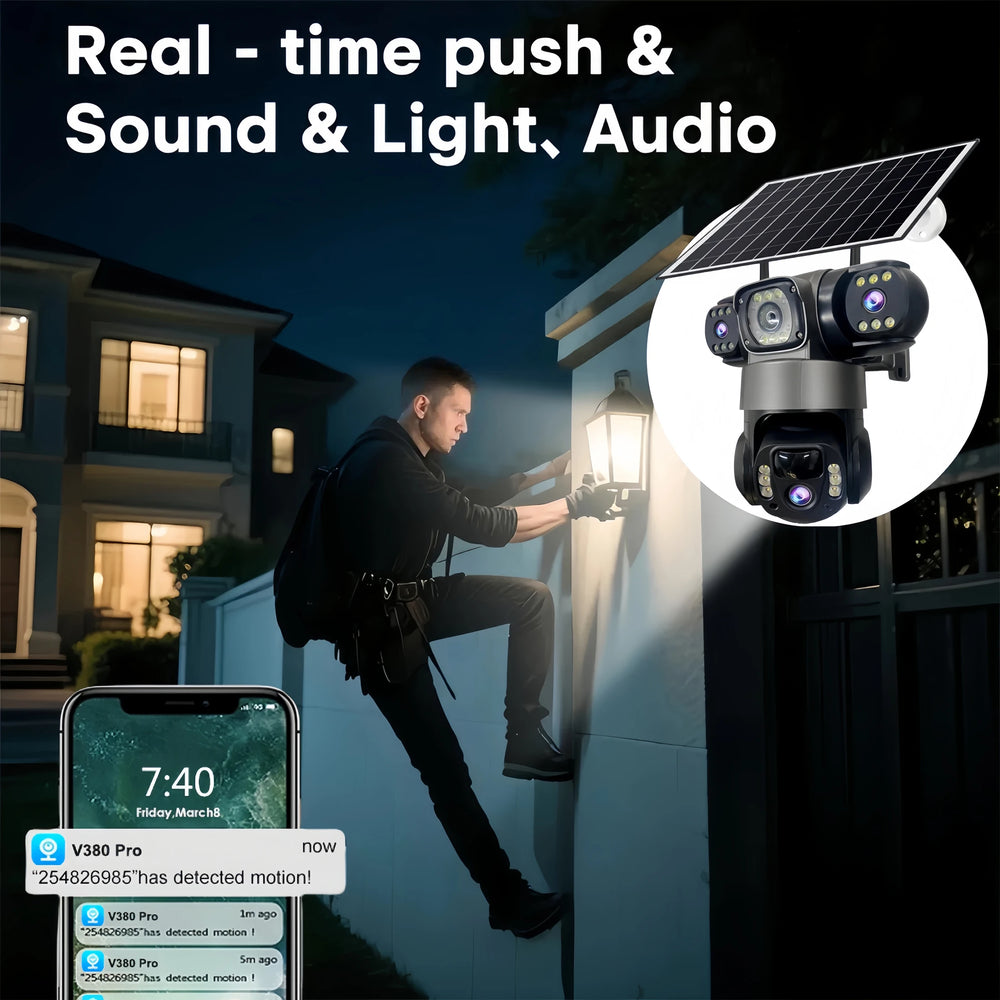 V380 Pro solar security camera, black and blue lifestyle shot with app and audio