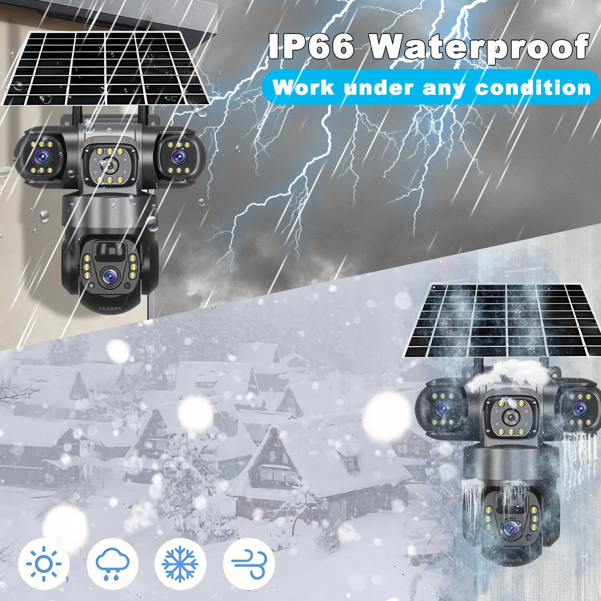 V380 Pro solar security camera, black and white night mode alerts and audio