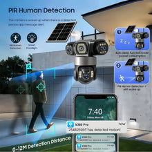 V380 Pro solar security camera, black and gray front view showing IP66 and night vision