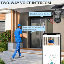 V380 Pro two-way voice intercom lifestyle scene with device and speech bubbles