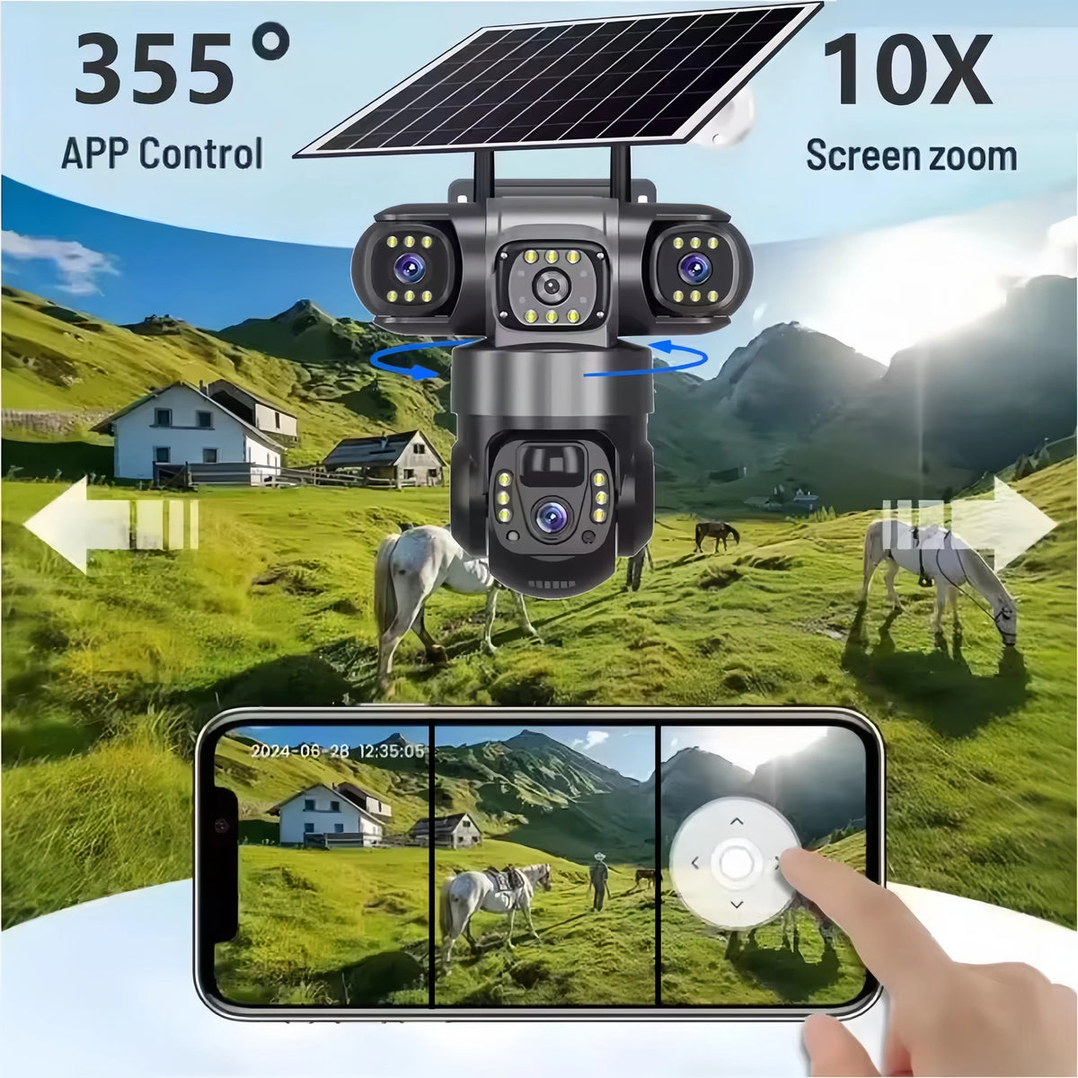 V380 Pro solar security camera, black and silver PTZ control with 355° rotation