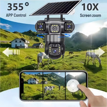 V380 Pro solar security camera, black and silver PTZ control with 355° rotation