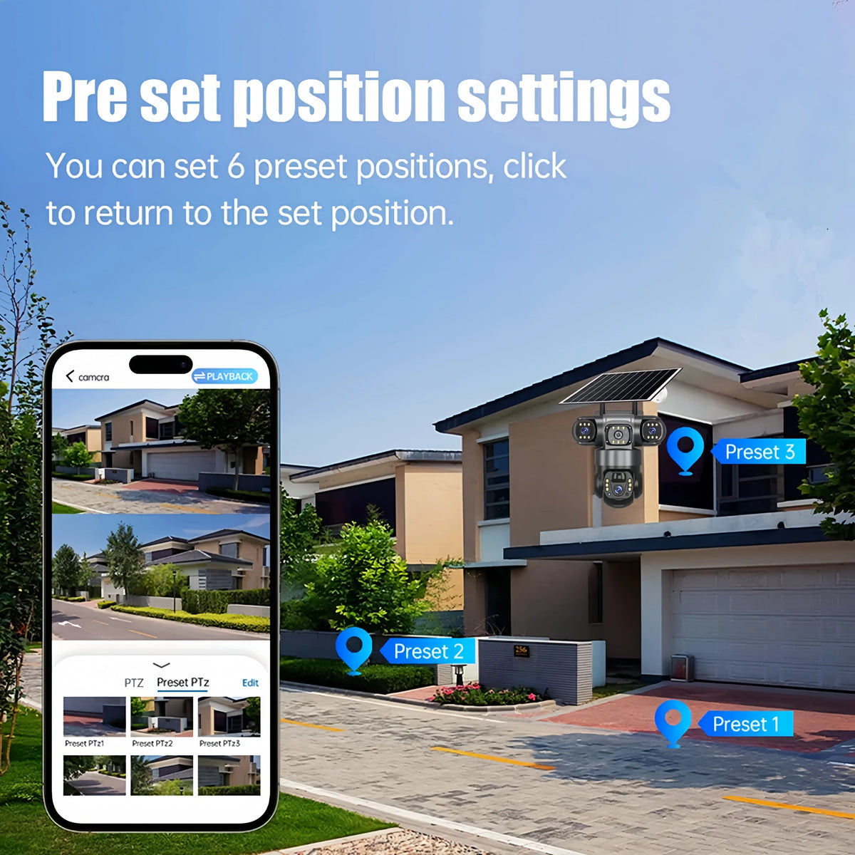 V380 Pro solar security camera, lifestyle exterior with mobile app preset positions