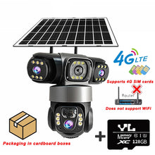 V380 Pro solar security camera, black and silver front view with 4G and night vision