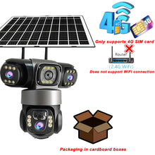 V380 Pro solar security camera, black and silver front view with motion detection