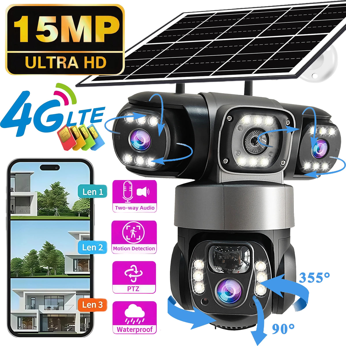 V380 Pro solar security camera, black and silver front view on white