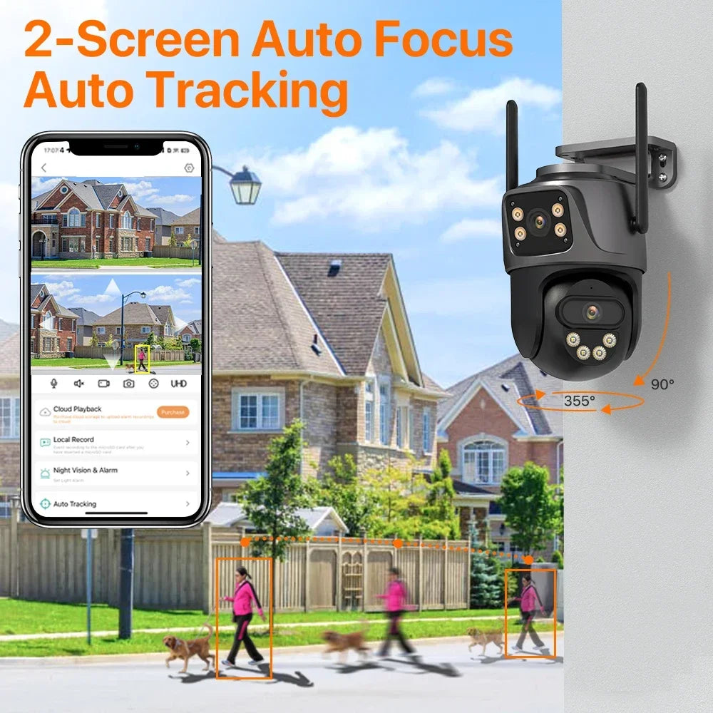 Wonsdar dual-screen PTZ camera lifestyle shot with phone, black and orange