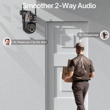 Wonsdar PTZ camera lifestyle shot with person, black with two-way audio