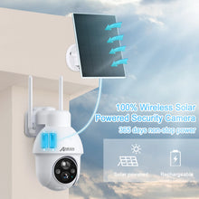 ANRAN solar security camera lifestyle shot, white/blue with solar panel and cable