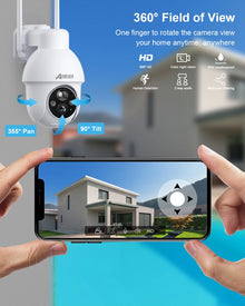 ANRAN solar security camera lifestyle shot with smartphone view, white/black