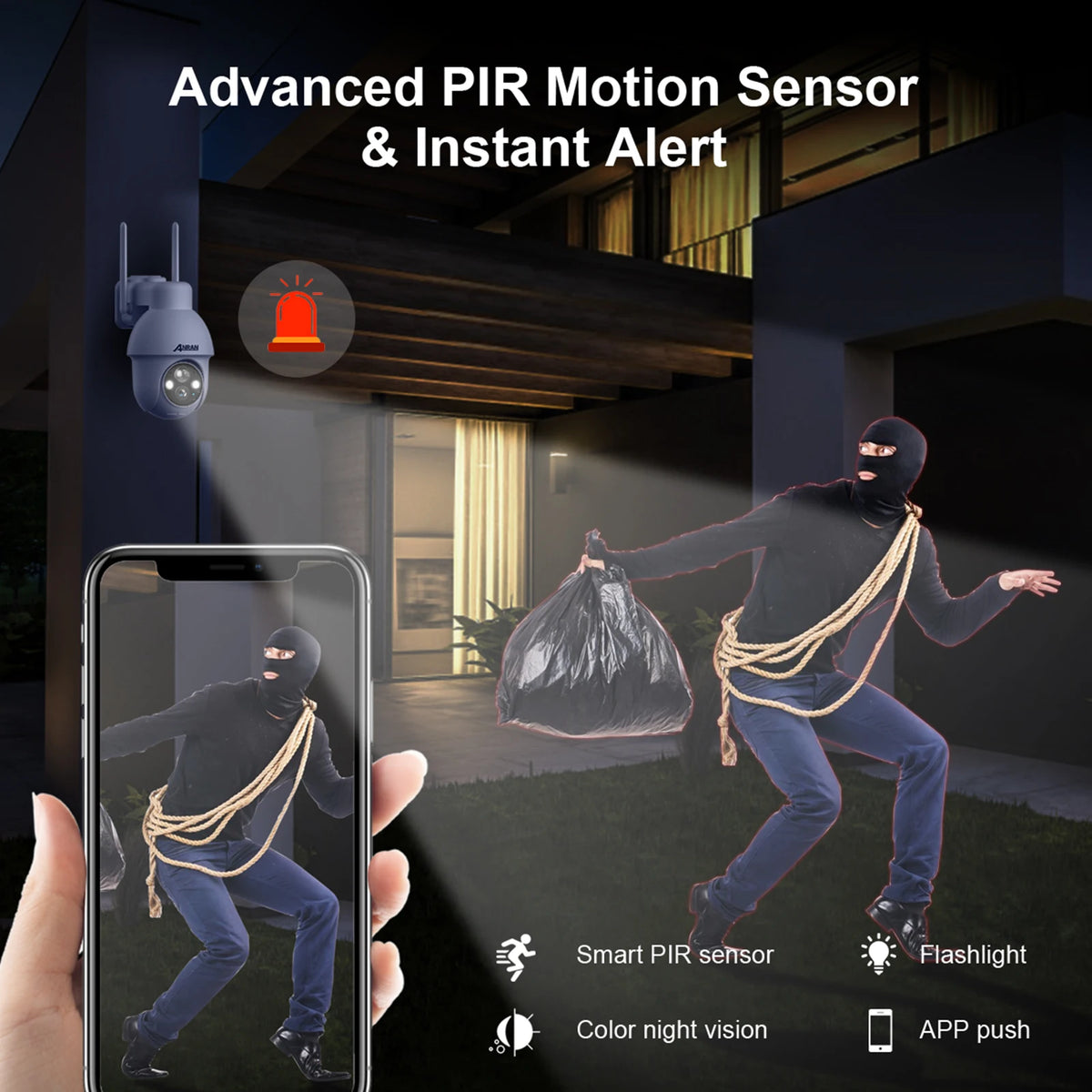 ANRAN PIR motion sensor alert graphic with instant alert icon, black/yellow