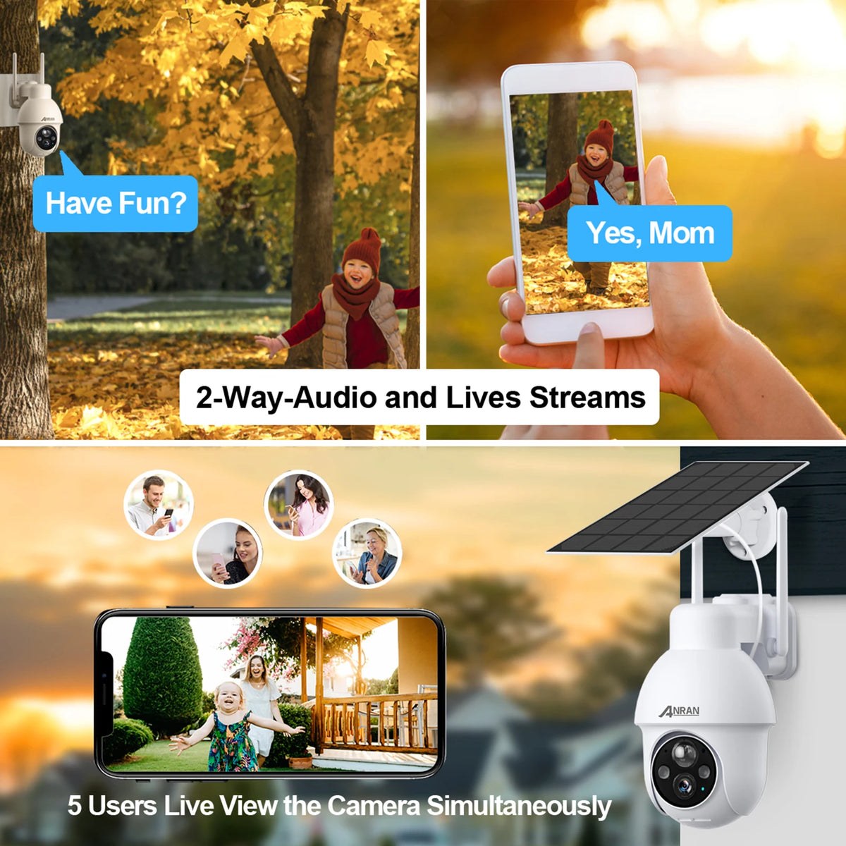 ANRAN two-way audio feature graphic showing live stream and audio, black/white