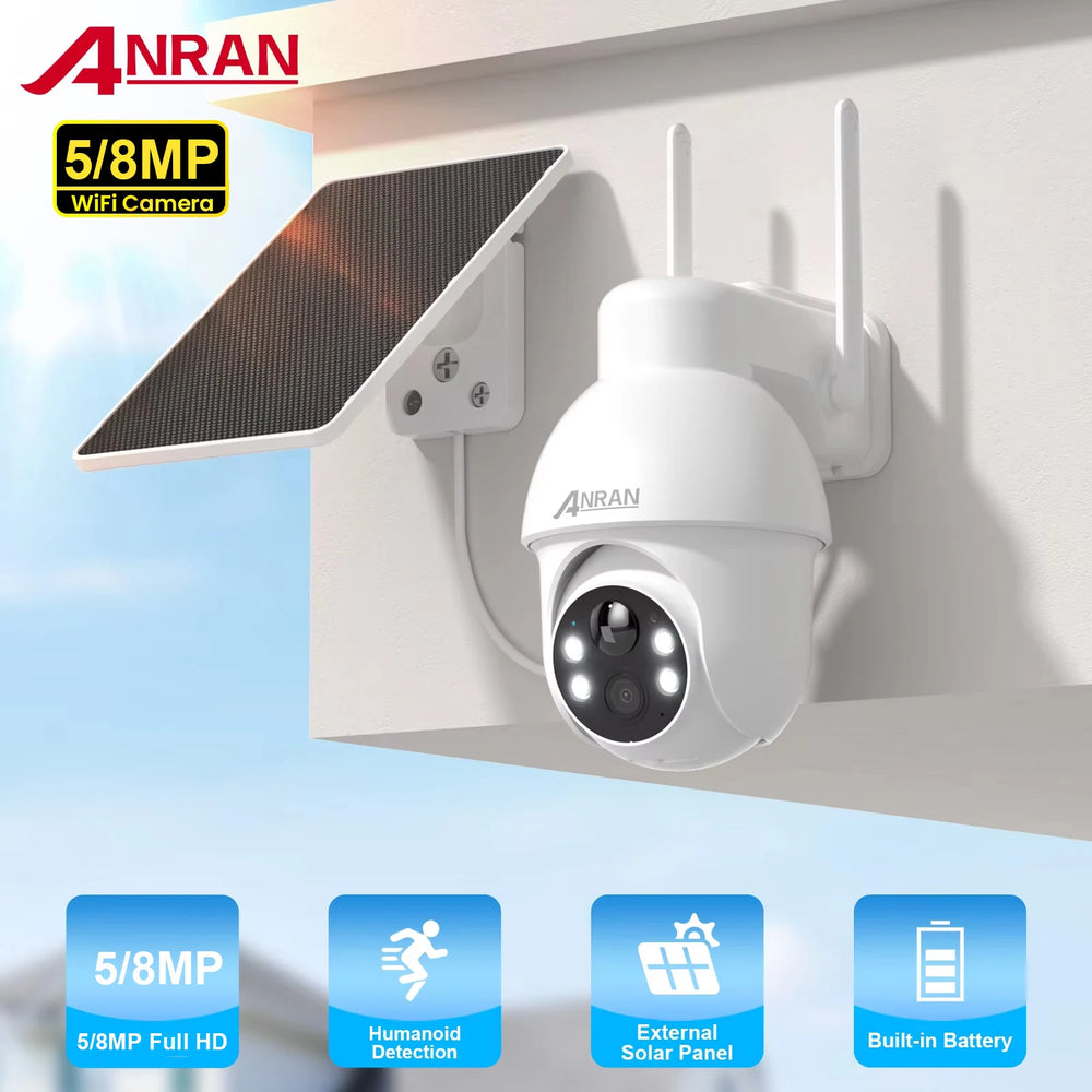 ANRAN solar security camera lifestyle shot, white/black with solar panel mount
