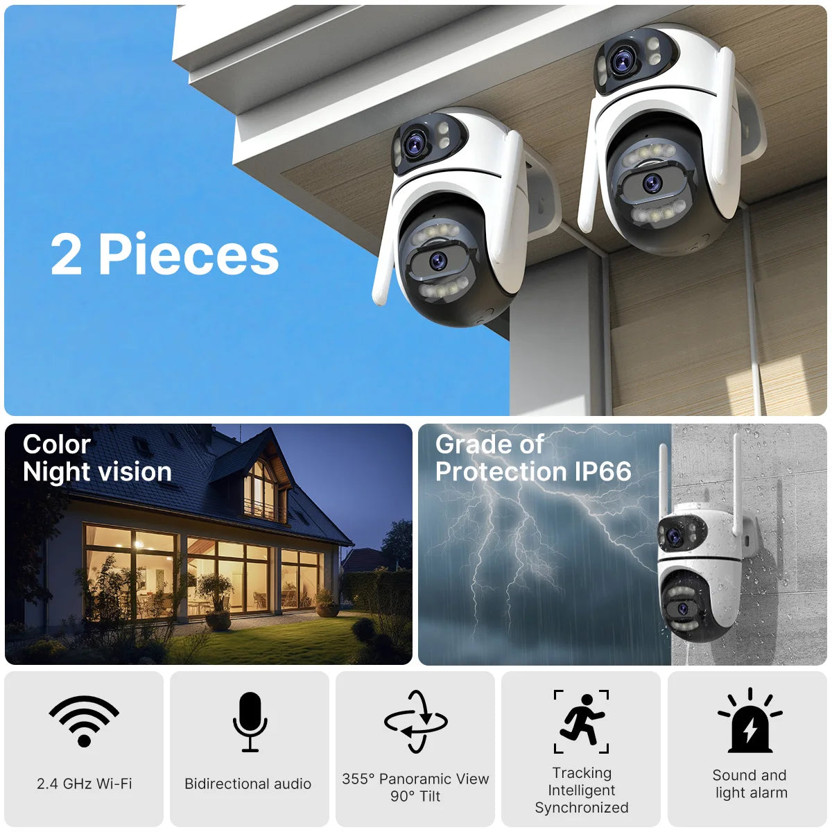 Wonsdar 2pcs outdoor Wi‑Fi camera set packaging shot with weatherproof design
