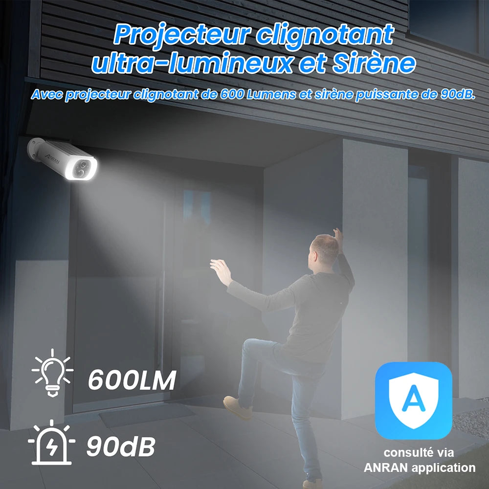Anran solar camera detail close-up, wireless weatherproof in white and blue