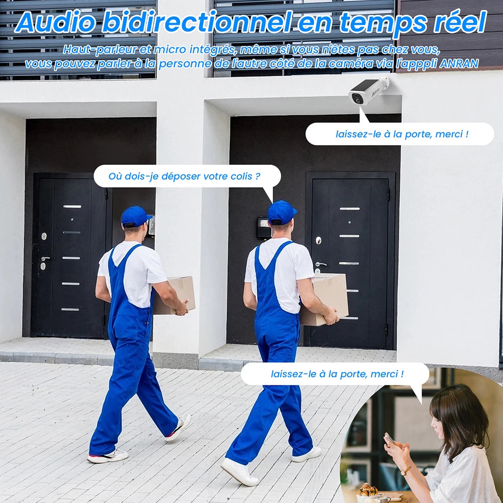 Anran solar camera delivery lifestyle scene with package and delivery personnel