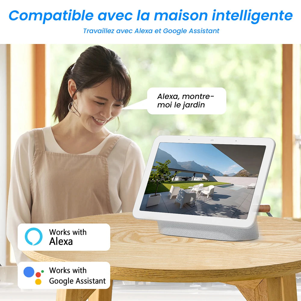 Anran solar camera lifestyle with smart display, white and blue touchscreen