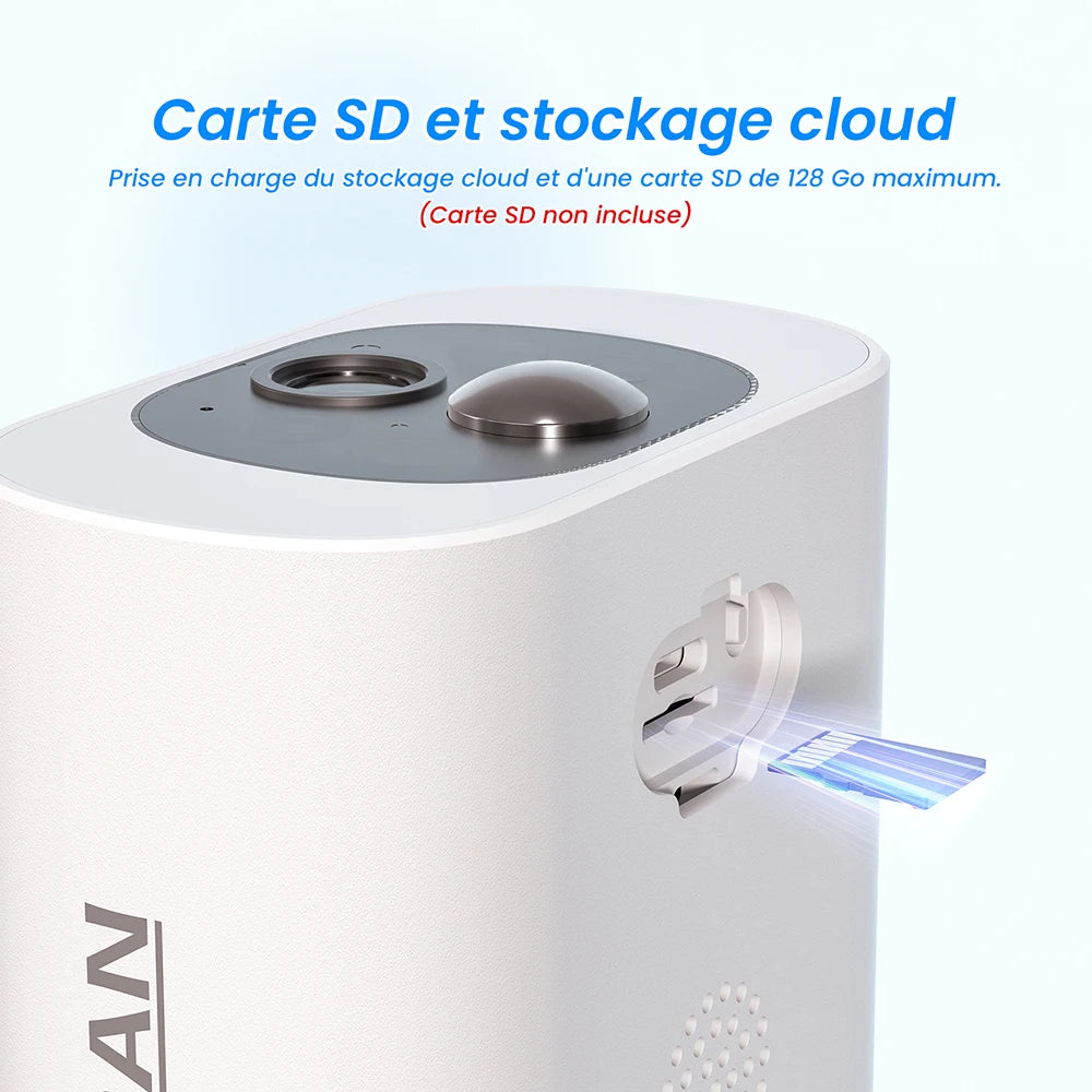 Anran solar camera detail close-up, showing SD card slot and cloud storage