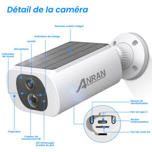Anran solar camera detail close-up, lens and mounting bracket in white and black