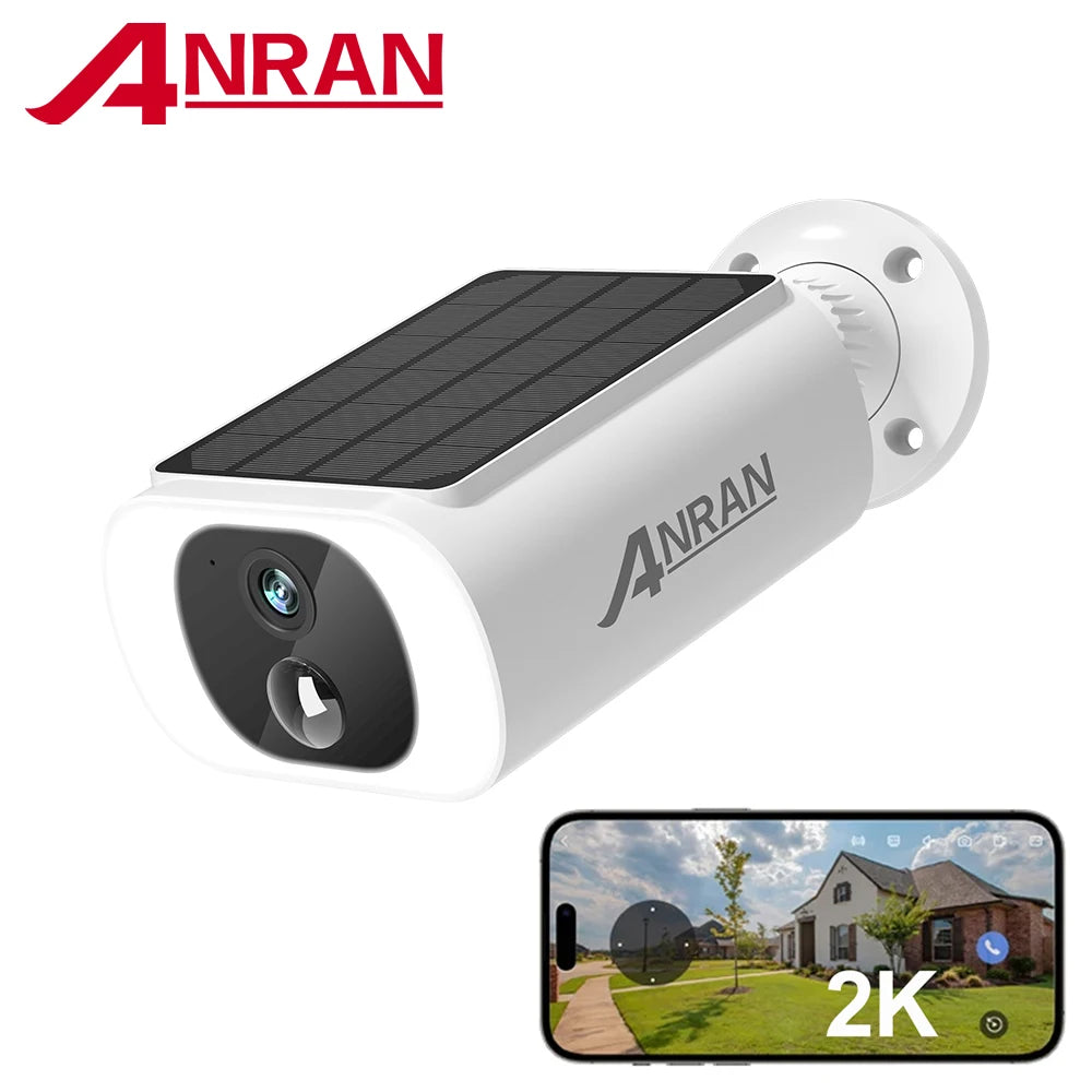 Anran solar camera detail close-up, white and black with solar panel