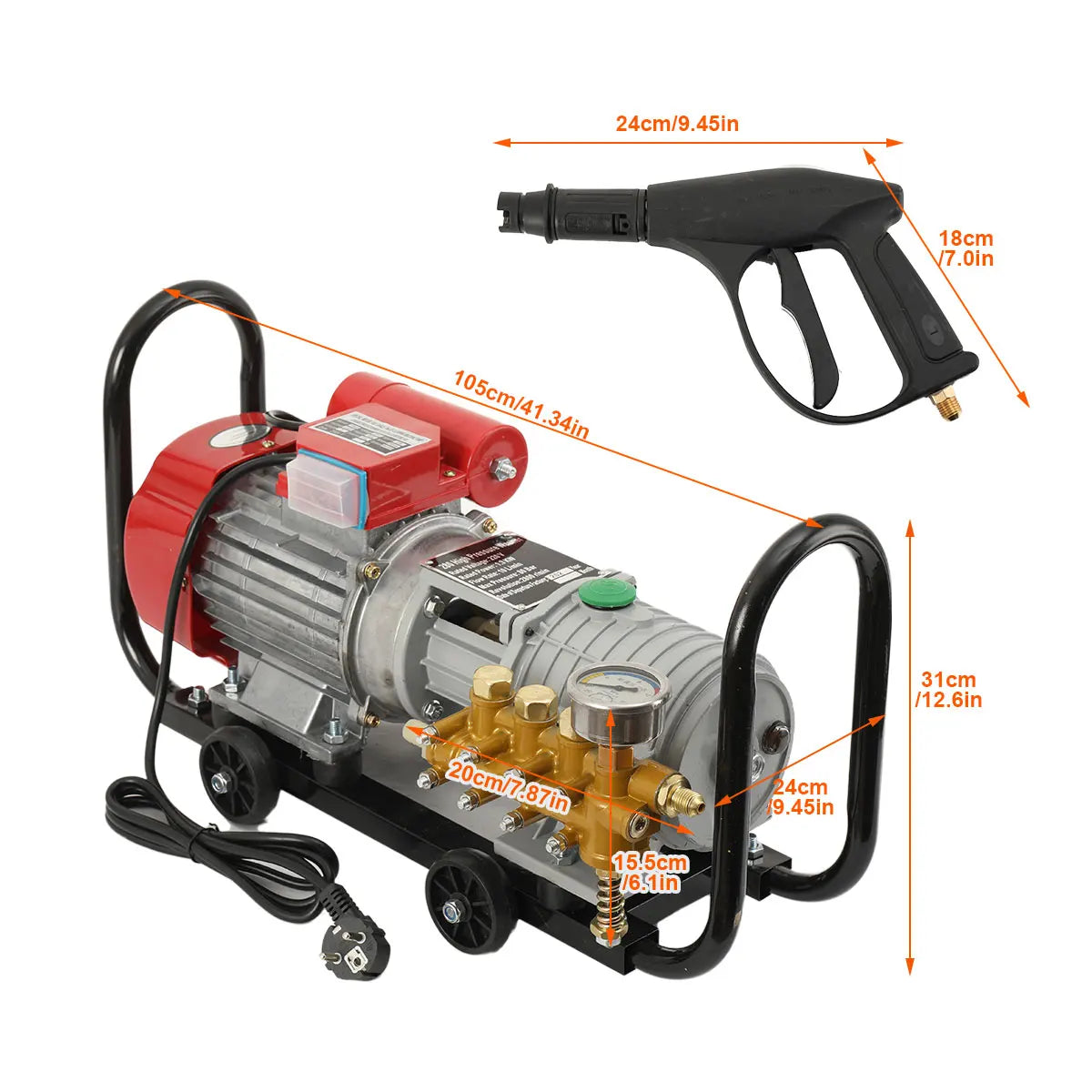 High pressure cleaner detail with gun, red silver black, dimensions shown