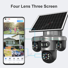 LS VISION solar security camera, four-lens three-screen view in black and silver