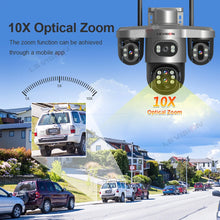 LS VISION solar security camera, four-lens three-screen close-up in black and silver
