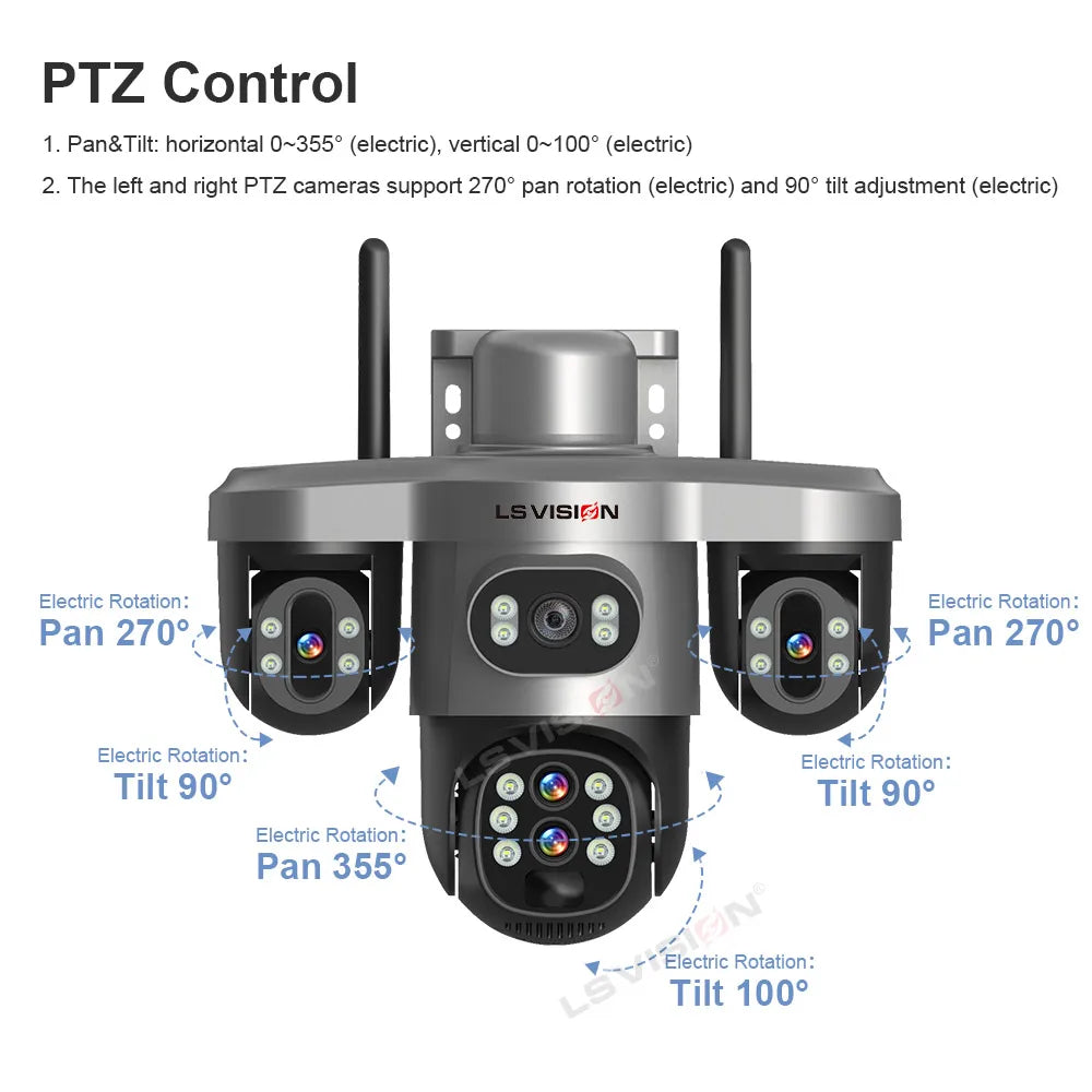 LS VISION solar security camera, PTZ control view with solar panel in black and silver