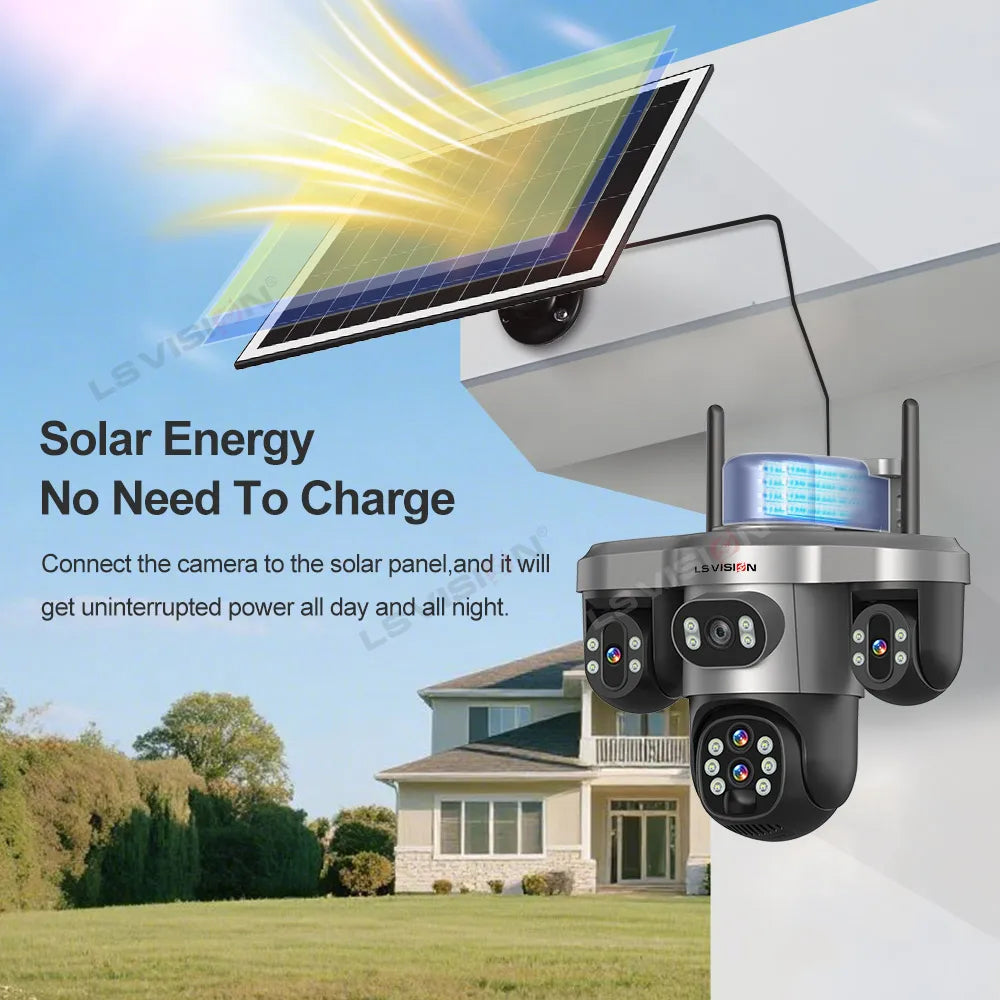 LS VISION solar security camera lifestyle shot, black and silver with solar panel