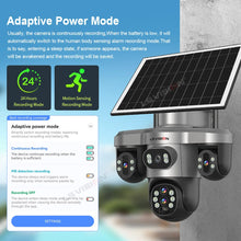 LS VISION solar security camera lifestyle shot, adaptive power mode UI in black and silver