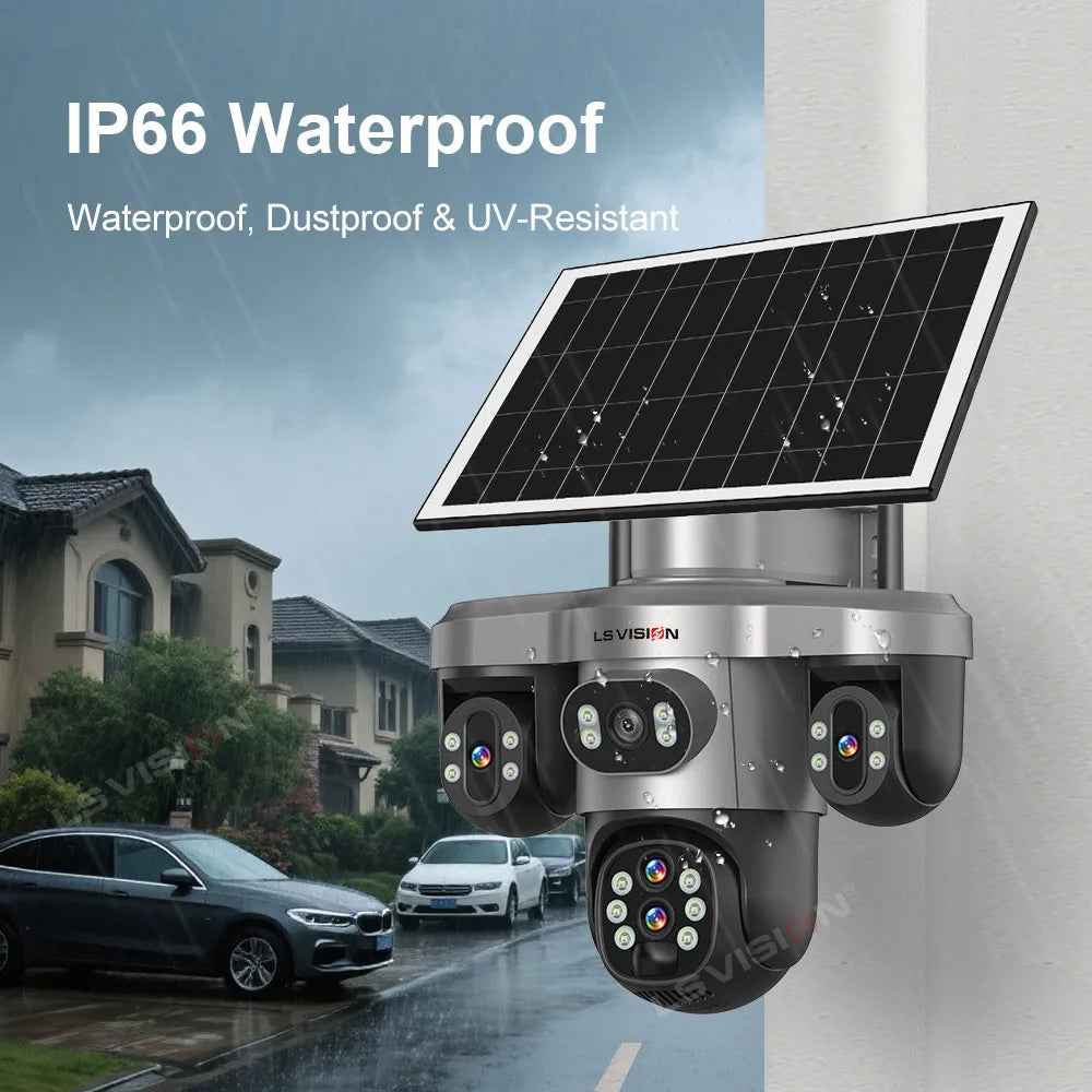 LS VISION solar security camera outdoor lifestyle shot, IP66 waterproof design in black