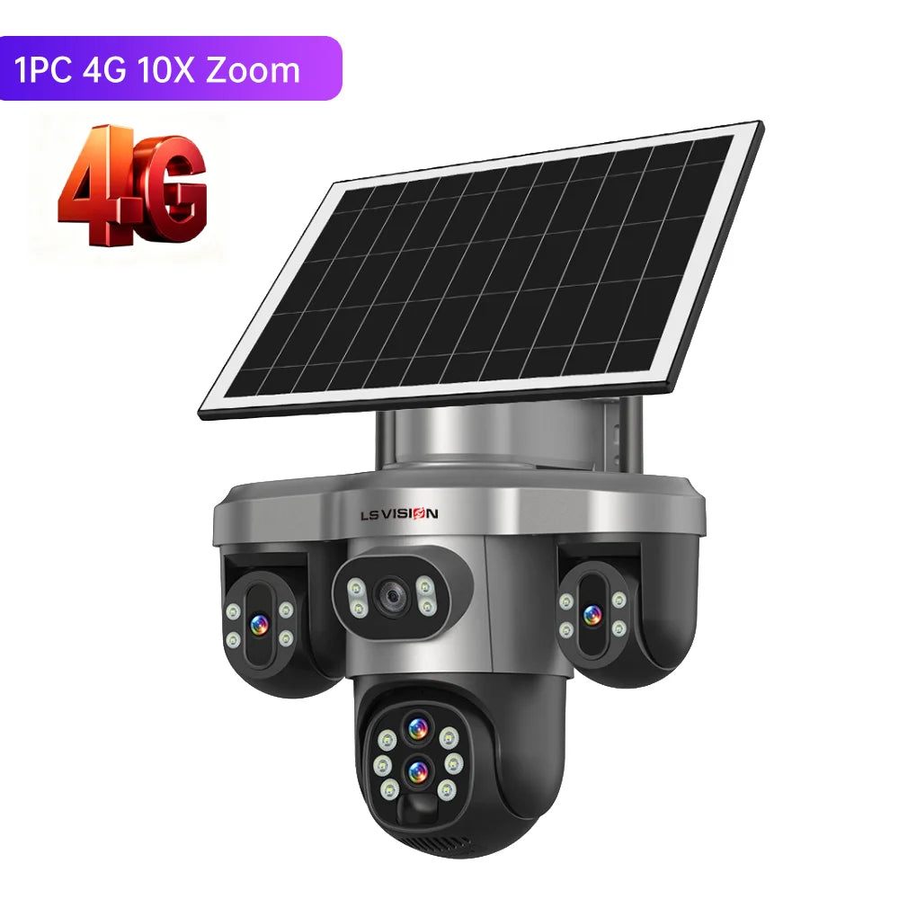 LS VISION solar security camera, solar panel and 4G connectivity view in black and silver
