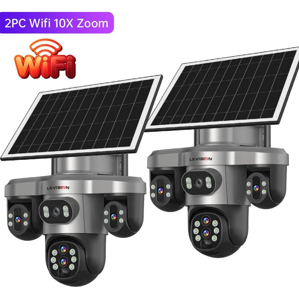 LS VISION solar security camera, solar panel and WiFi connectivity view in black and silver
