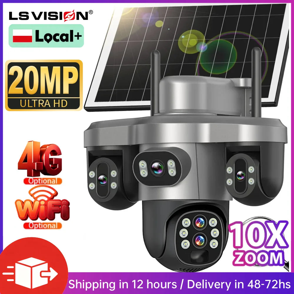 LS VISION solar security camera, black/silver front view with 20MP and solar panel