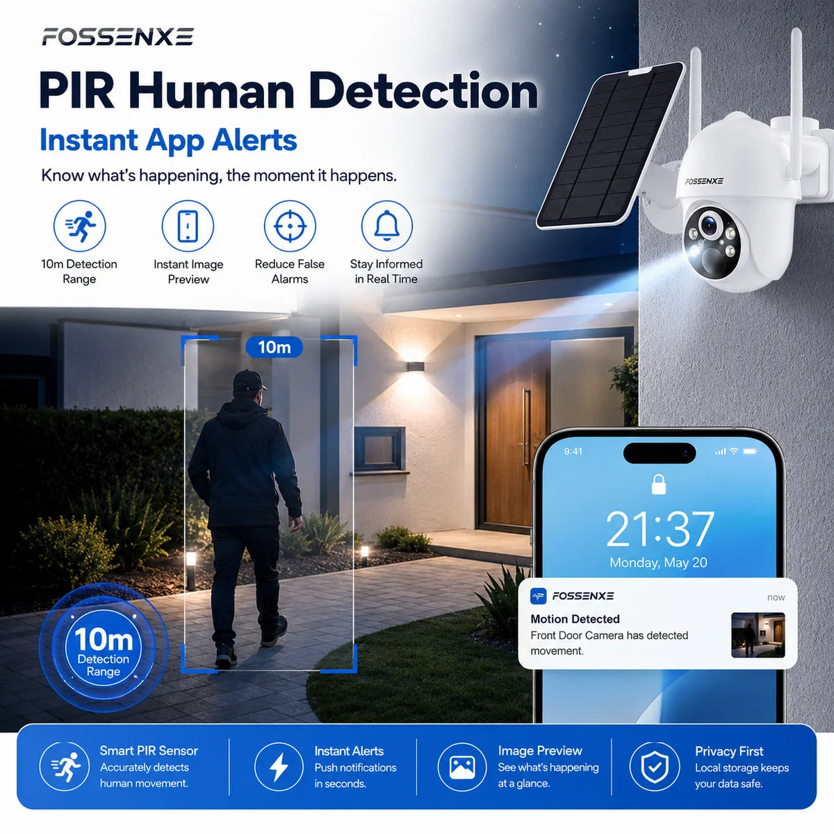 FOSSENXE security camera features packaging, white/black/blue, 2K day/night